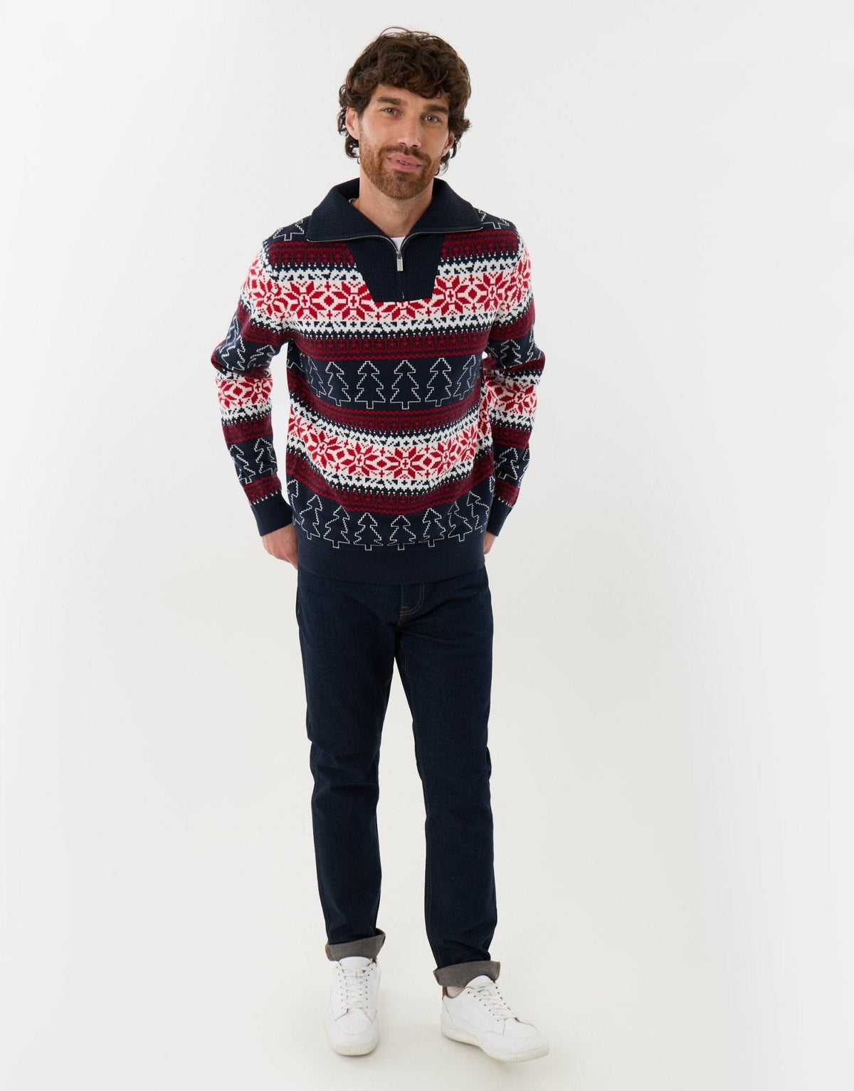 Men's Christmas Jumper Fair Isle Snowflake Tree Quarter Zip