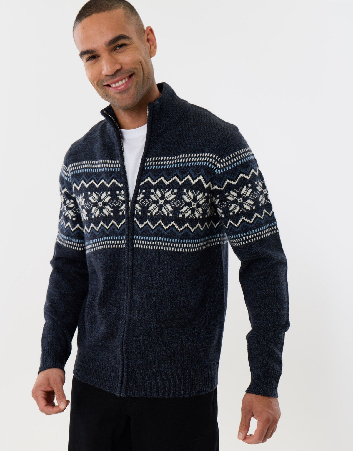Men's Christmas Cardigan Fair Isle Snowflake Zip Through in Navy