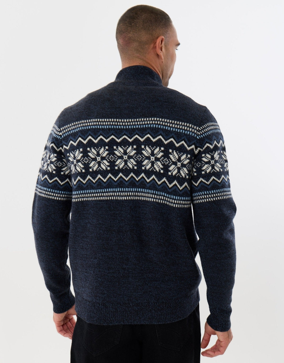 Men's Christmas Cardigan Fair Isle Snowflake Zip Through in Navy