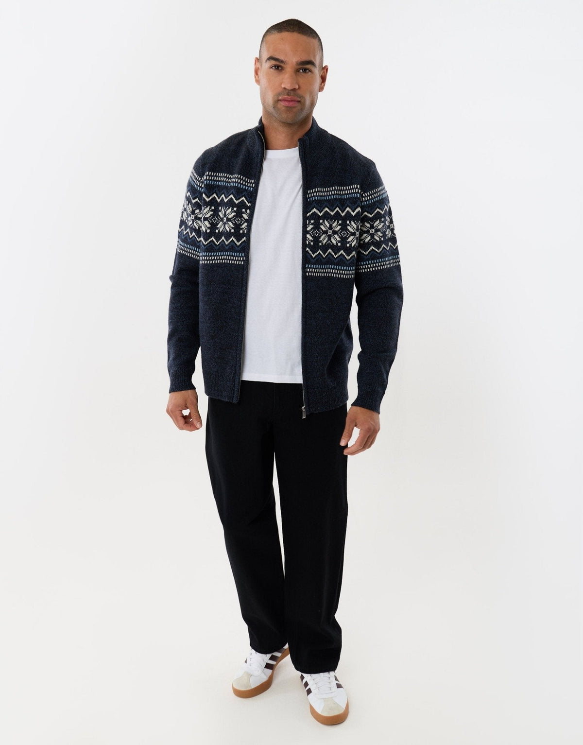 Men's Christmas Cardigan Fair Isle Snowflake Zip Through in Navy
