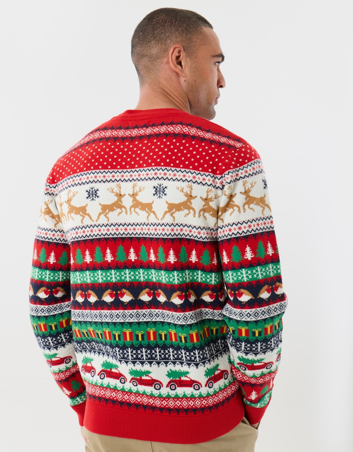 Men's Christmas Jumper Fair Isle Reindeer Robin Cable Knit in Red