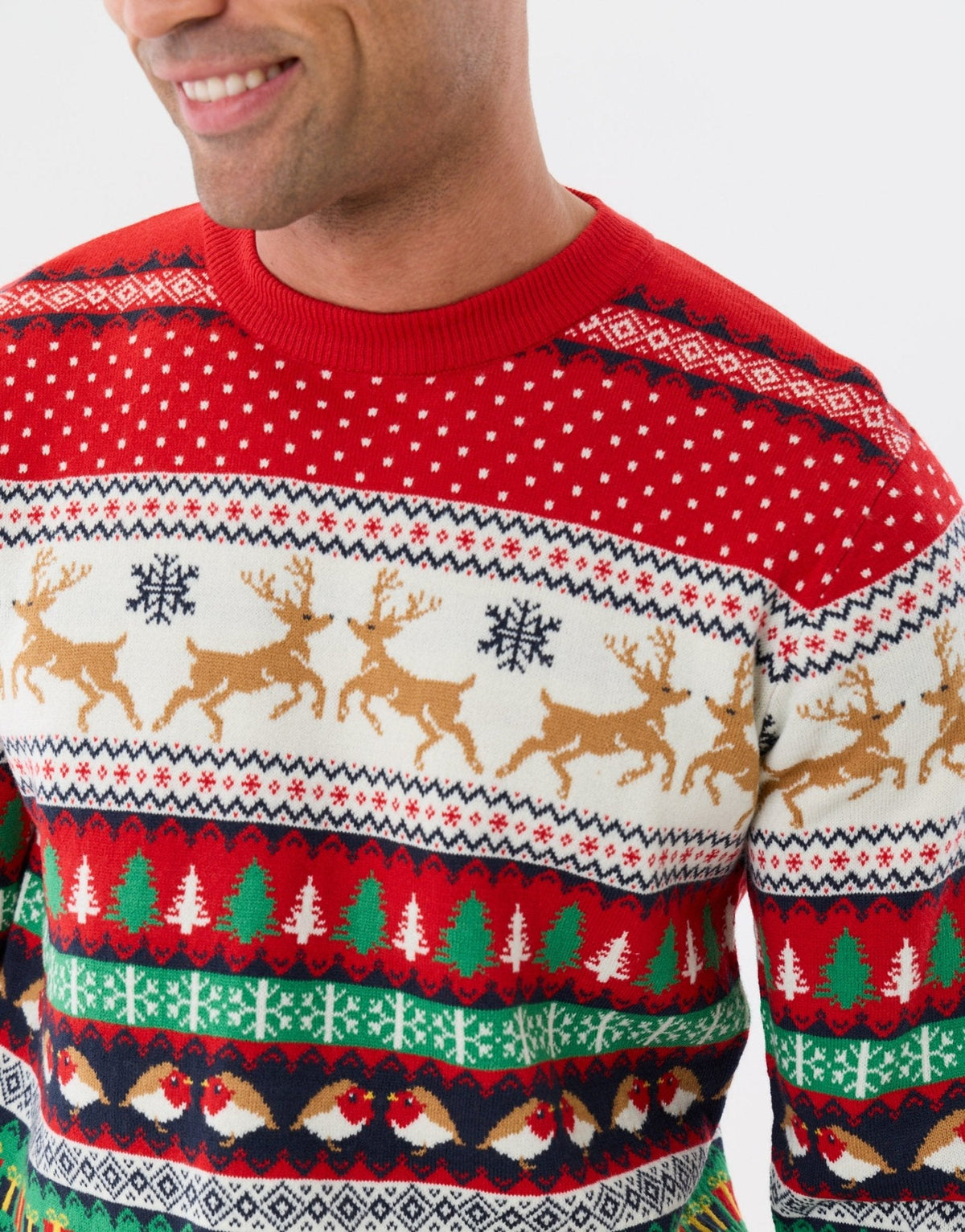 Men's Christmas Jumper Fair Isle Reindeer Robin Cable Knit in Red