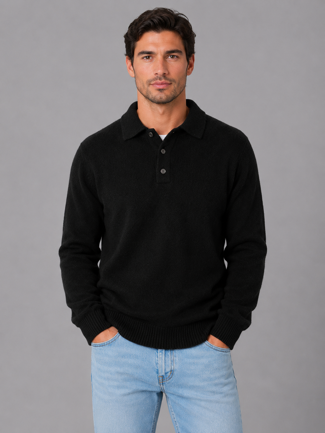 Men's Fine Knit Three-Button Polo Jumper