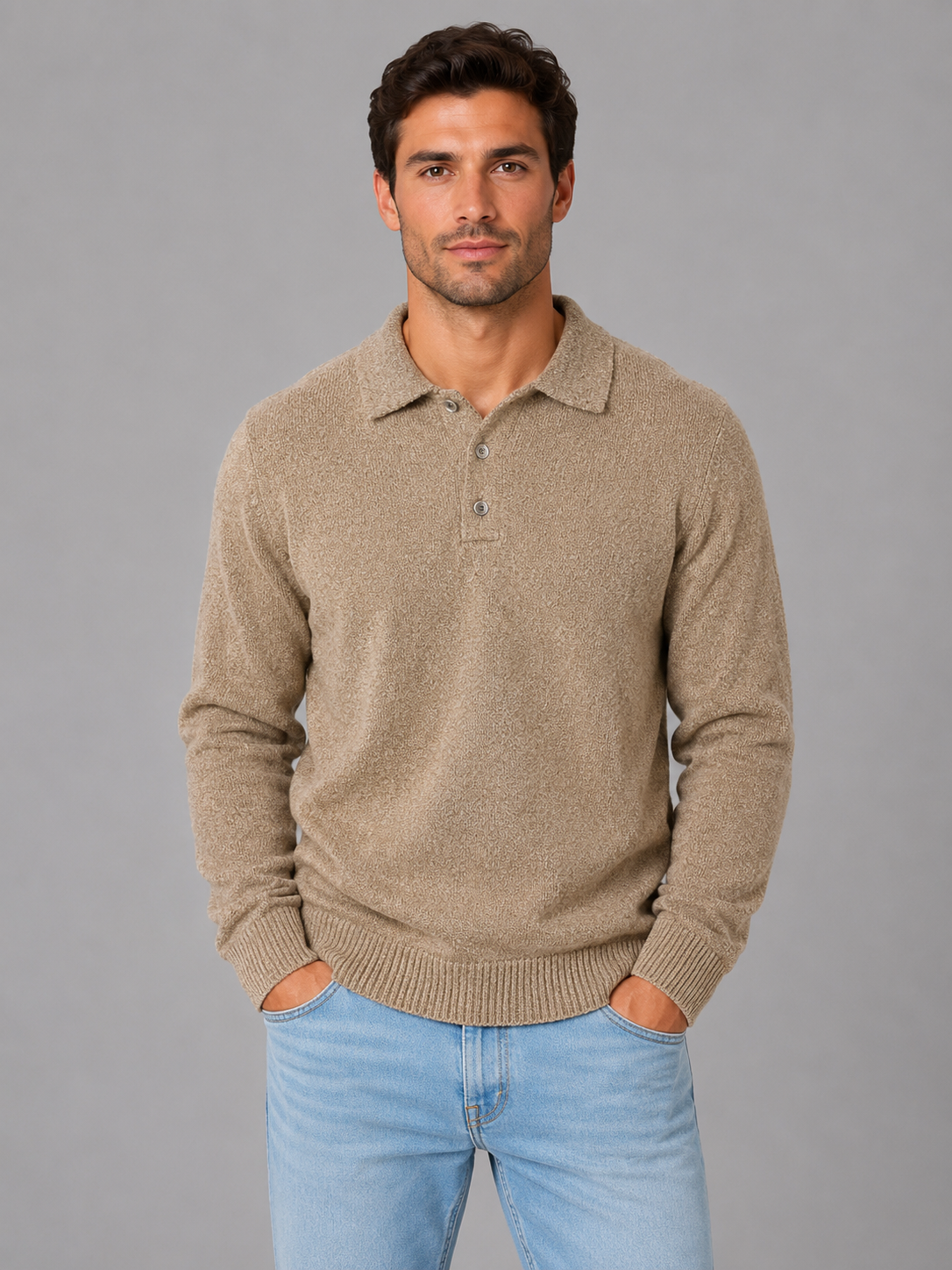 Men's Fine Knit Three-Button Polo Jumper