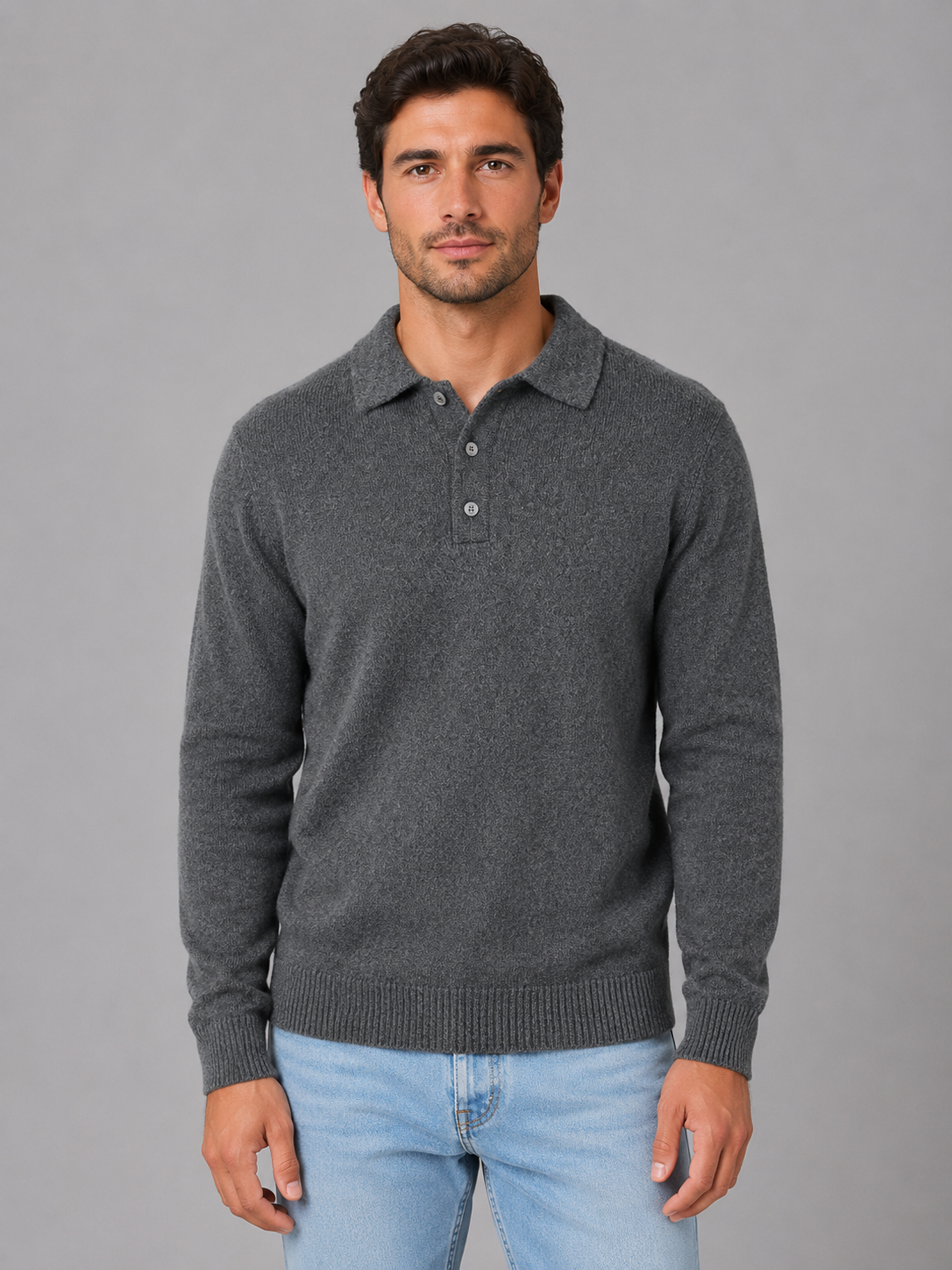 Men's Fine Knit Three-Button Polo Jumper