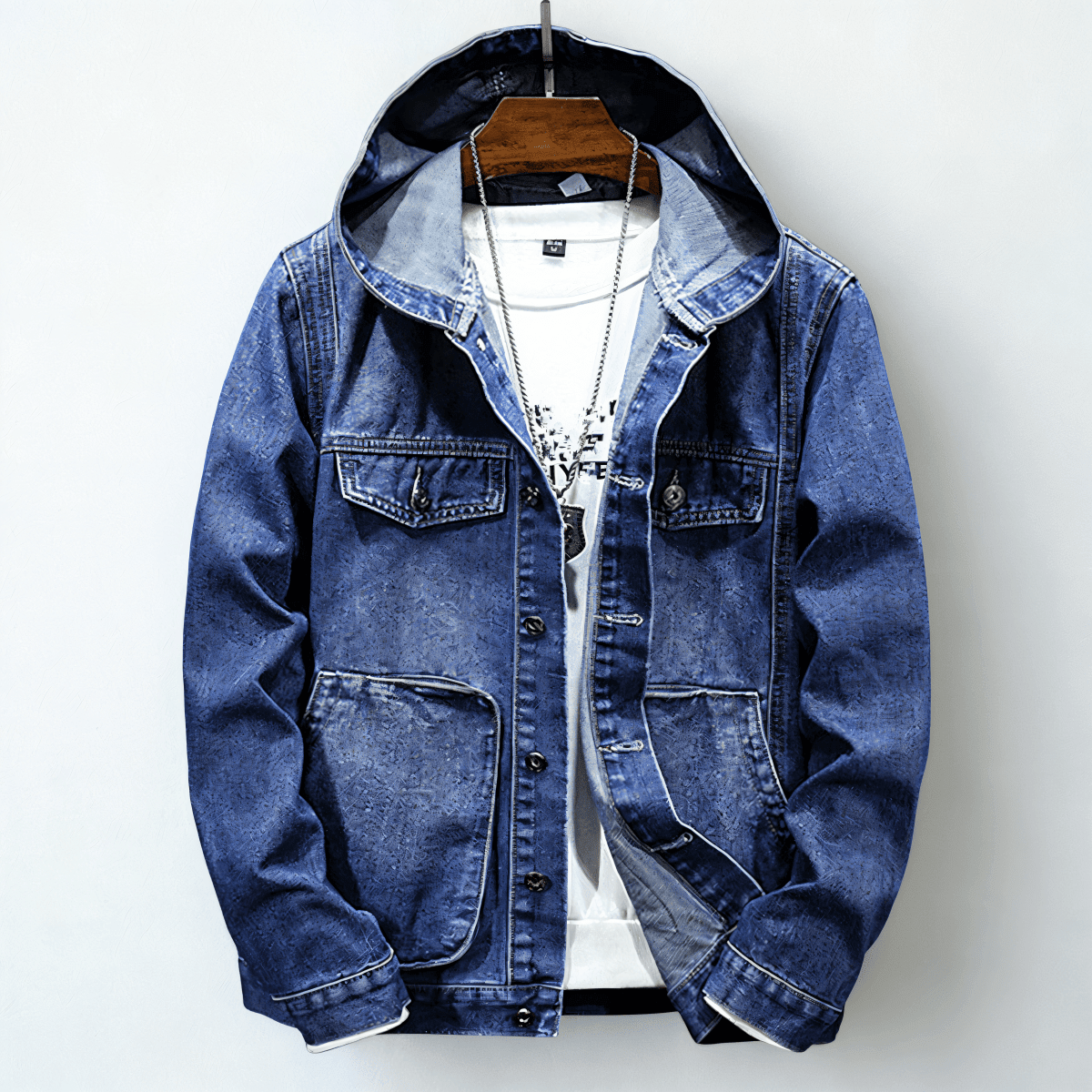 Men's Hooded Denim Trucker Jacket with Chest Pockets