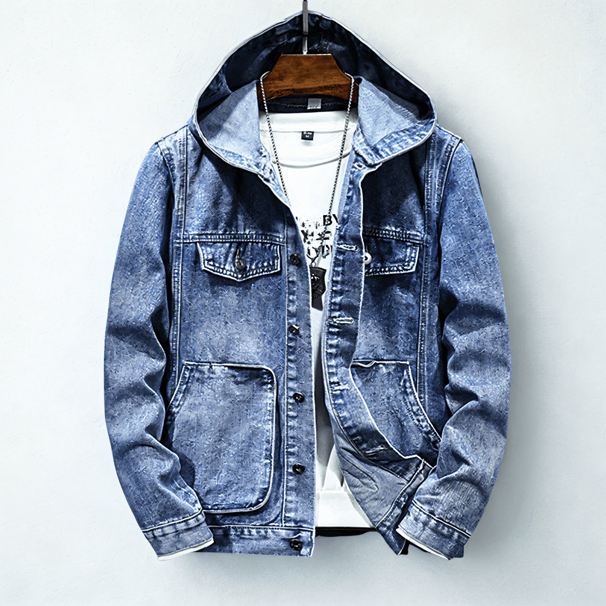 Men's Hooded Denim Trucker Jacket with Chest Pockets