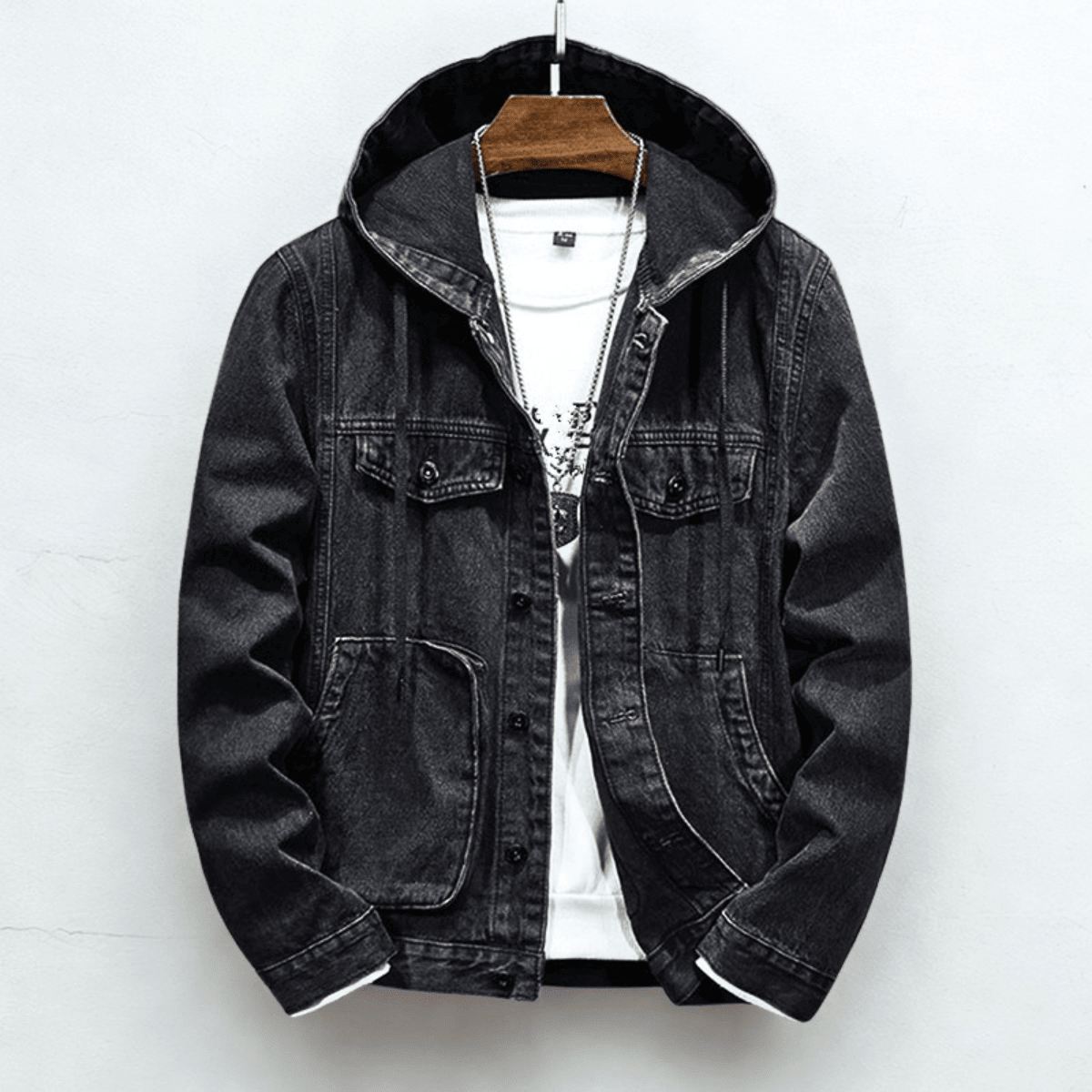 Men's Hooded Denim Trucker Jacket with Chest Pockets