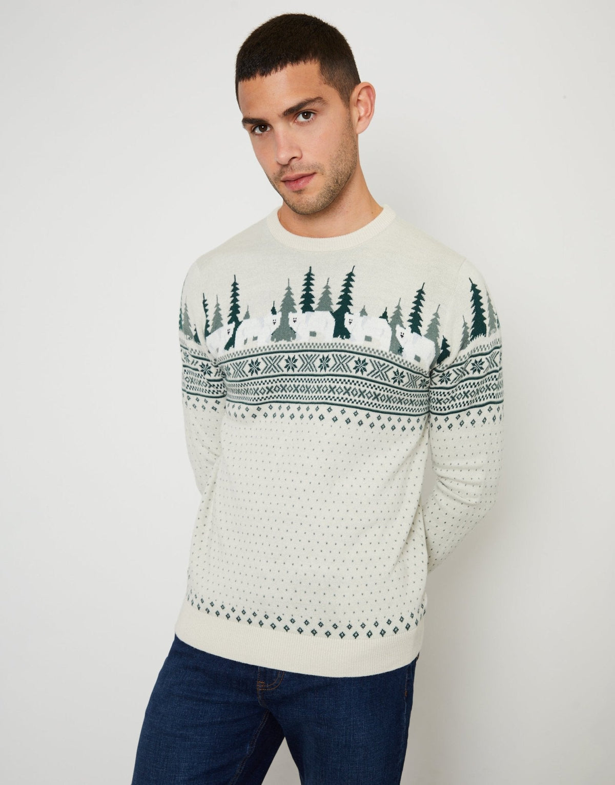 Men's Christmas Jumper Fair Isle Tree Crew Neck