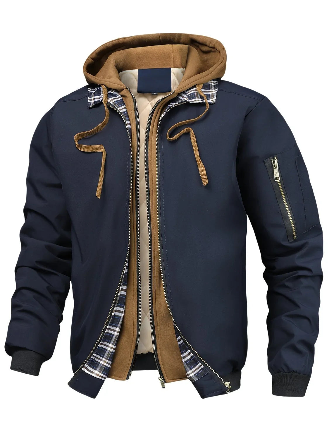 Men's Hooded Plaid Lined Bomber Jacket