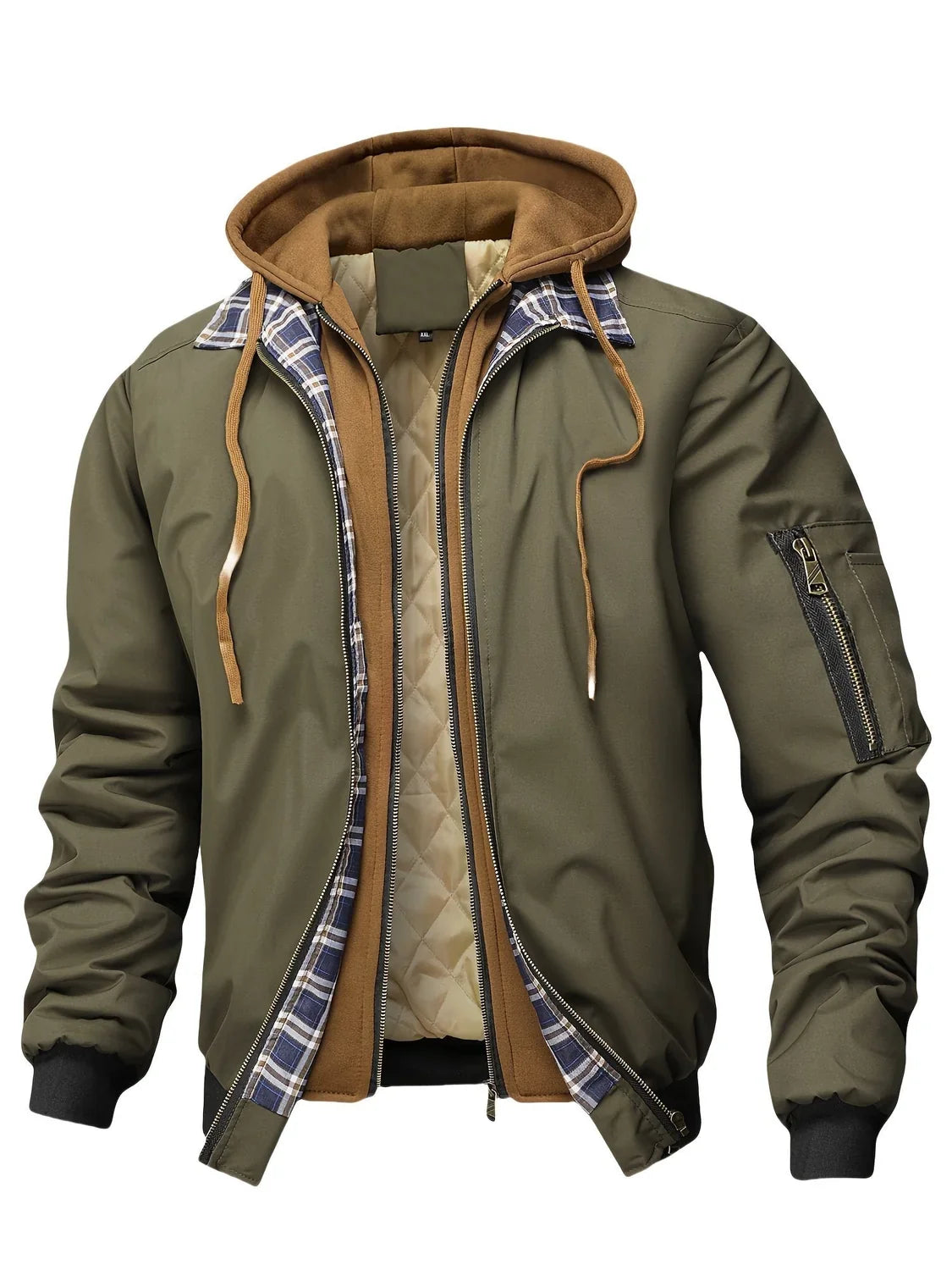 Men's Hooded Plaid Lined Bomber Jacket