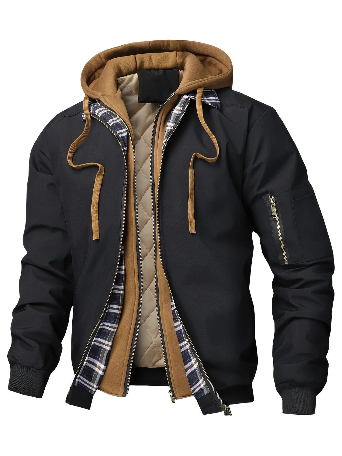 Men's Hooded Plaid Lined Bomber Jacket