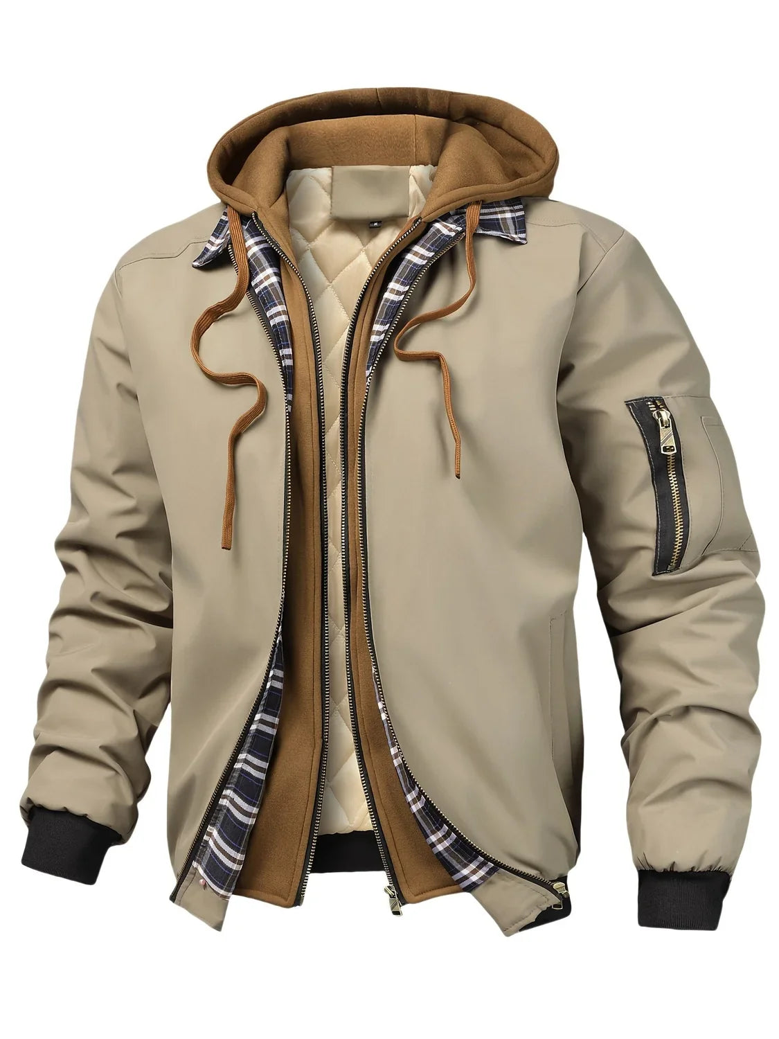 Men's Hooded Plaid Lined Bomber Jacket