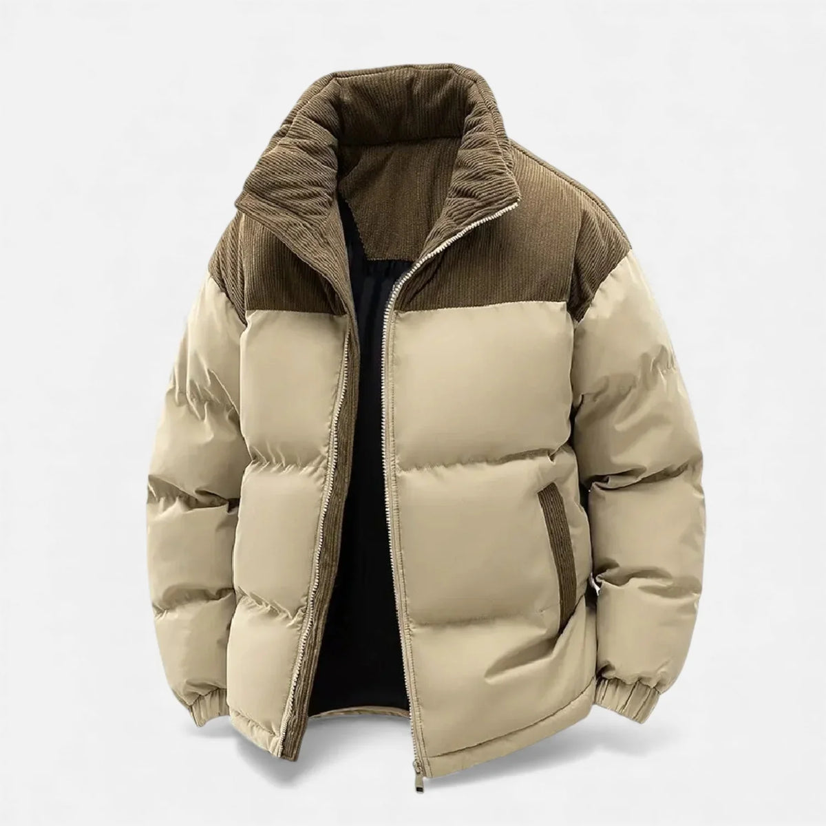 Men's Hooded Winter Puffer Jacket with Contrast Yoke