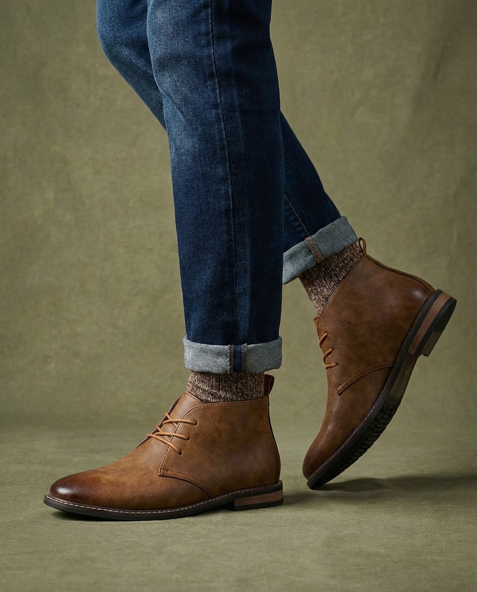 Men's Leather Chukka Boots with Rubber Sole