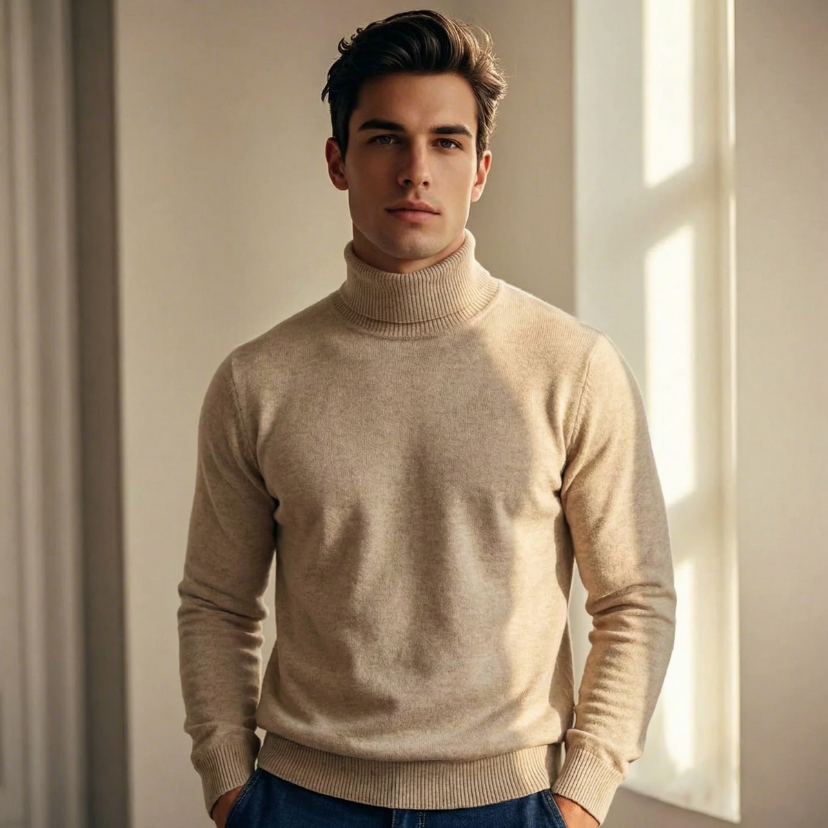 Men's Lightweight Fine Knit Roll Neck Jumper