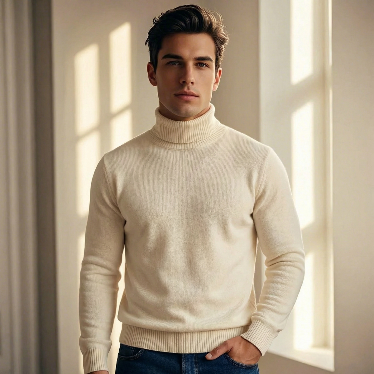 Men's Lightweight Fine Knit Roll Neck Jumper