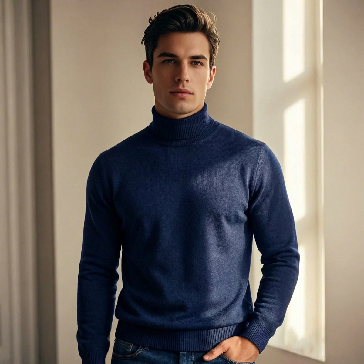 Men's Lightweight Fine Knit Roll Neck Jumper
