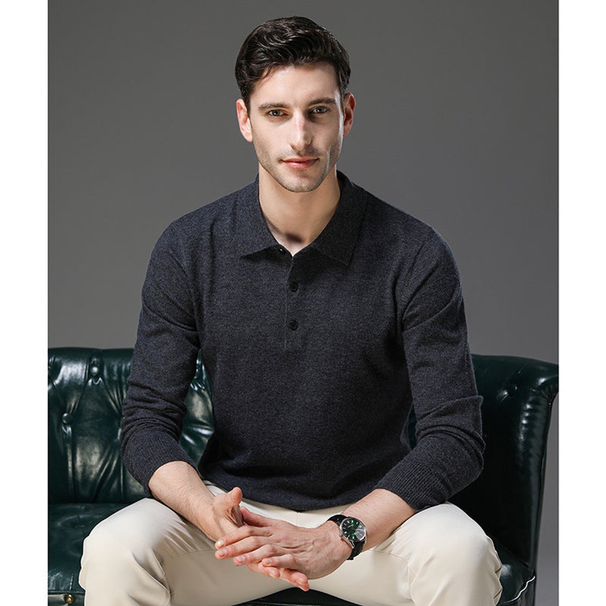 Men's Long Sleeve Fine Knit Polo Collar Jumper