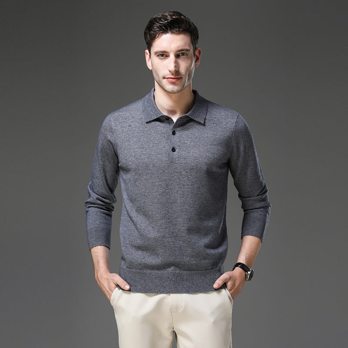 Men's Long Sleeve Fine Knit Polo Collar Jumper