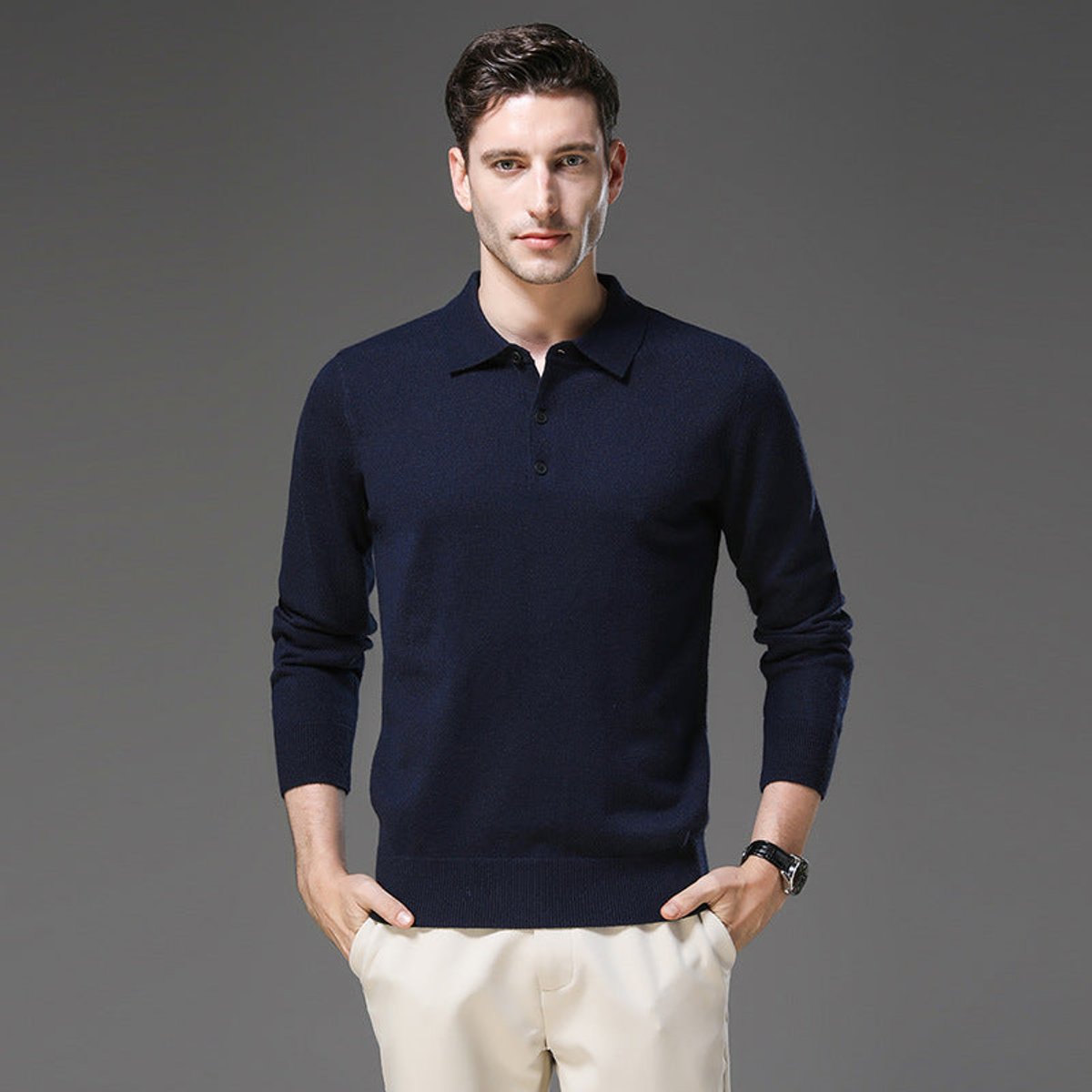 Men's Long Sleeve Fine Knit Polo Collar Jumper