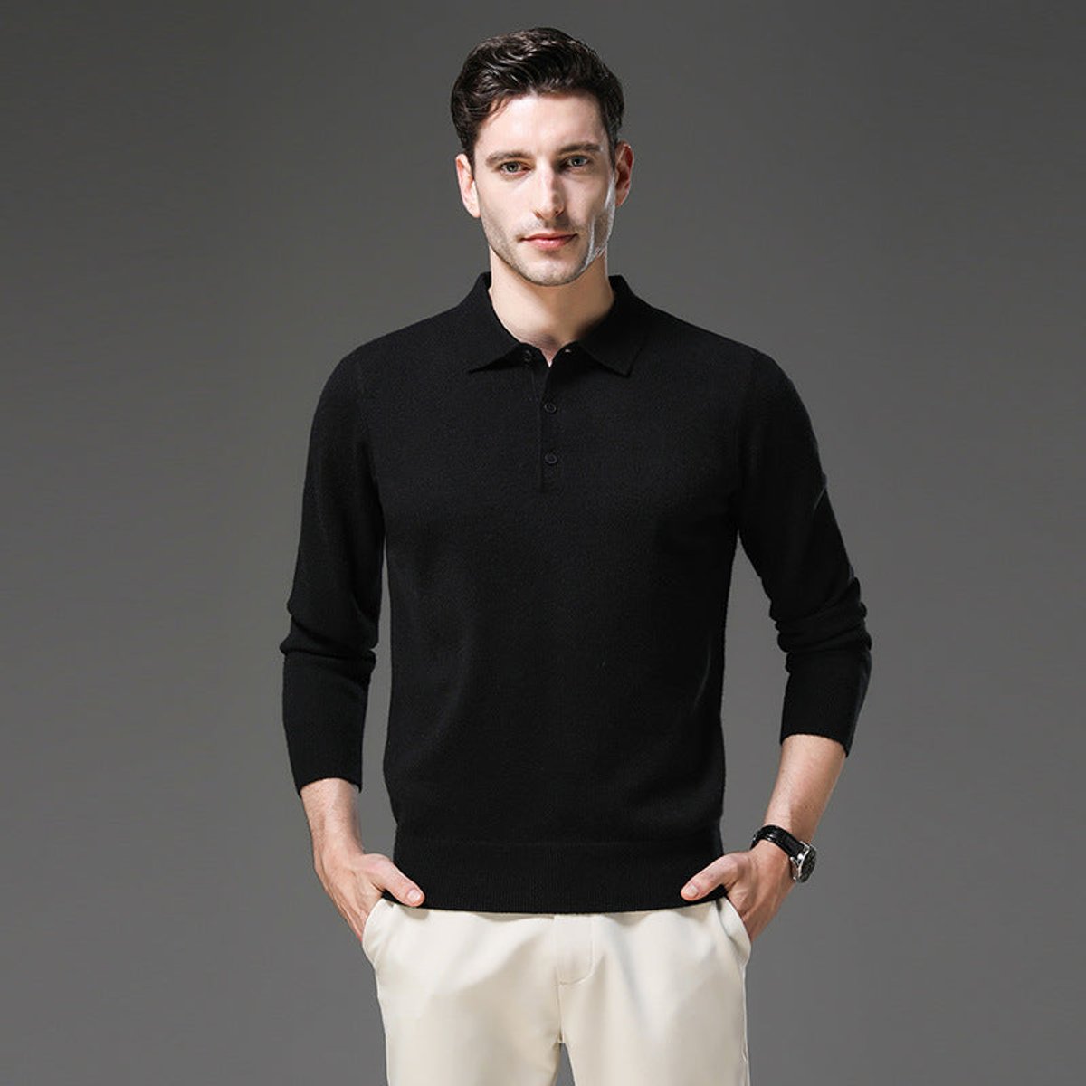 Men's Long Sleeve Fine Knit Polo Collar Jumper