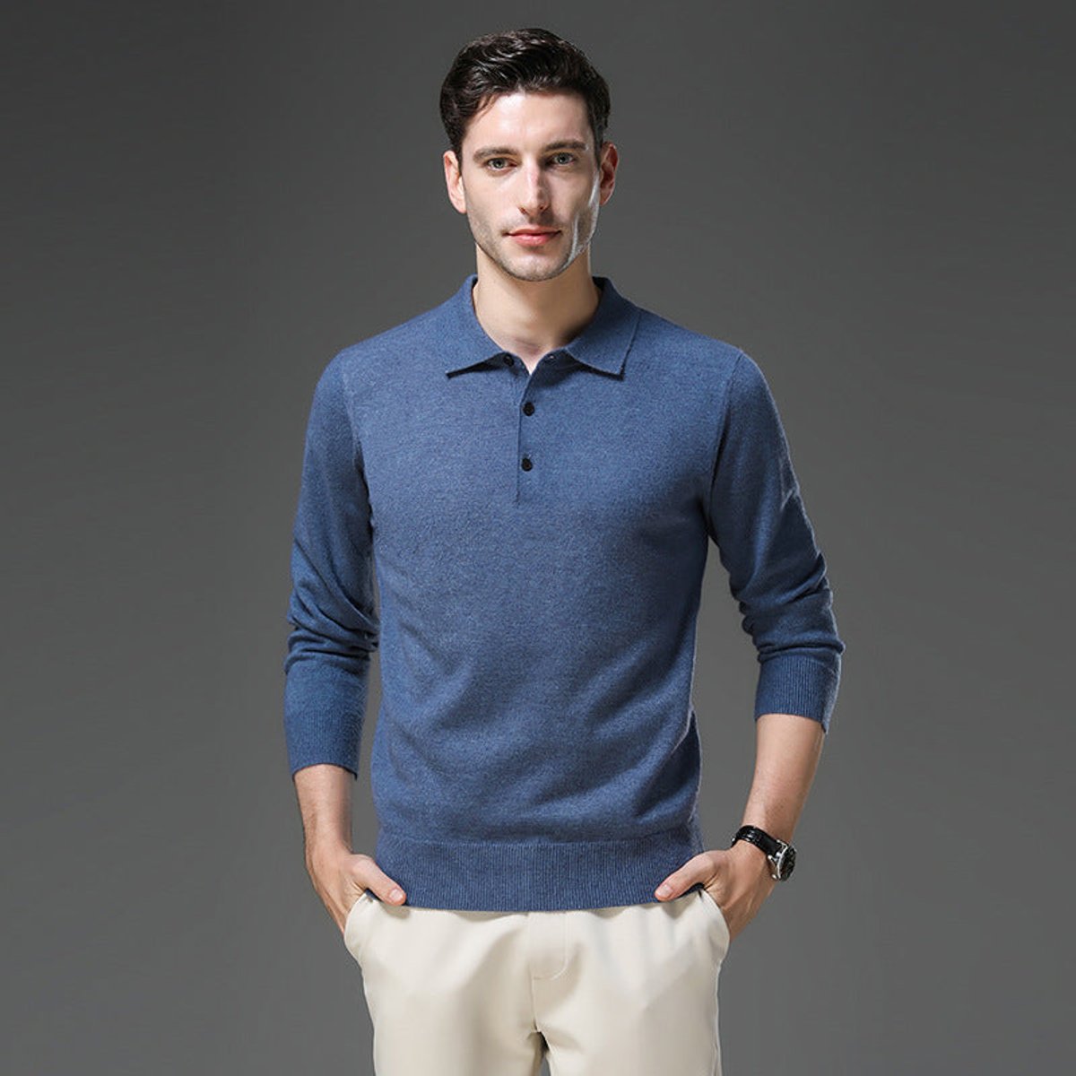 Men's Long Sleeve Fine Knit Polo Collar Jumper