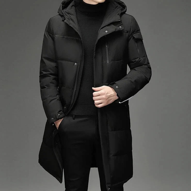Men's Longline Hooded Puffer Coat with Zip Pockets