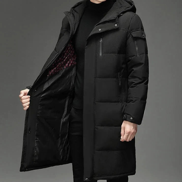 Men's Longline Hooded Puffer Coat with Zip Pockets