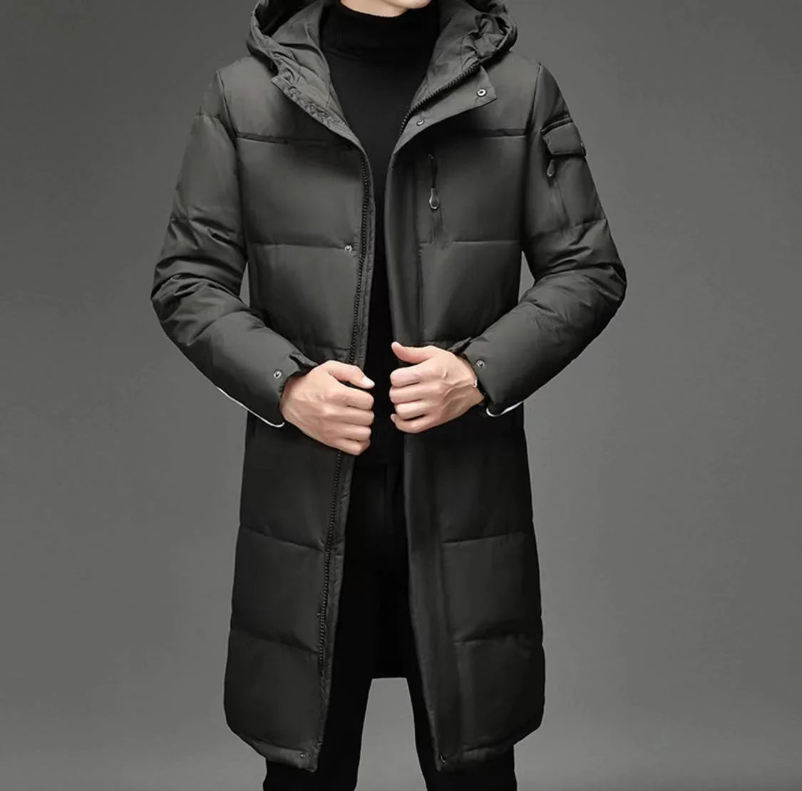 Men's Longline Hooded Puffer Coat with Zip Pockets