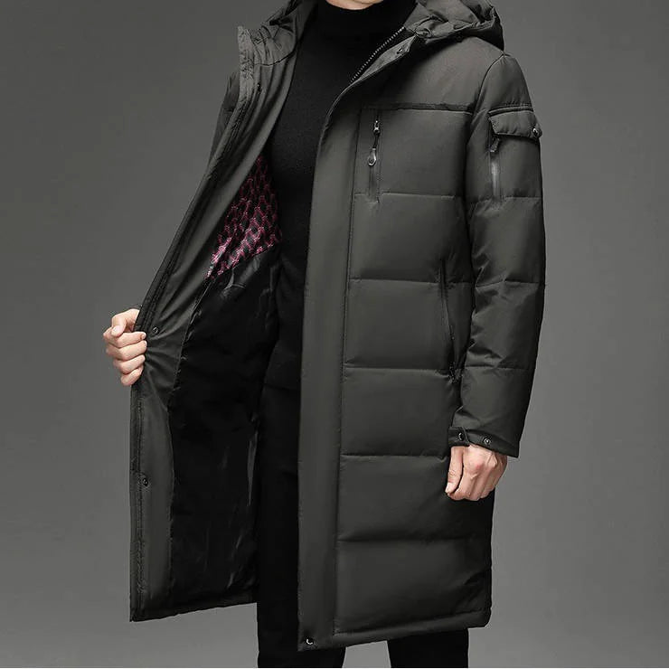 Men's Longline Hooded Puffer Coat with Zip Pockets