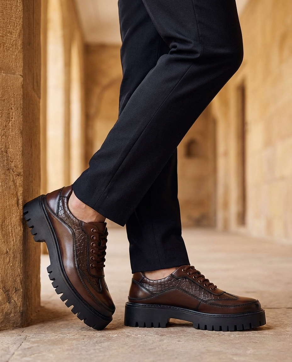 Men's Lugged Sole Faux Leather Lace-Up Derby Shoes