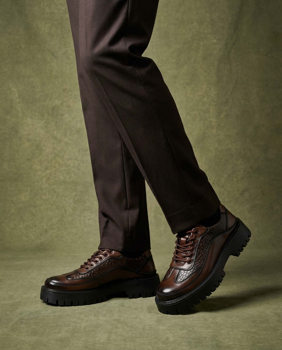 Men's Lugged Sole Faux Leather Lace-Up Derby Shoes