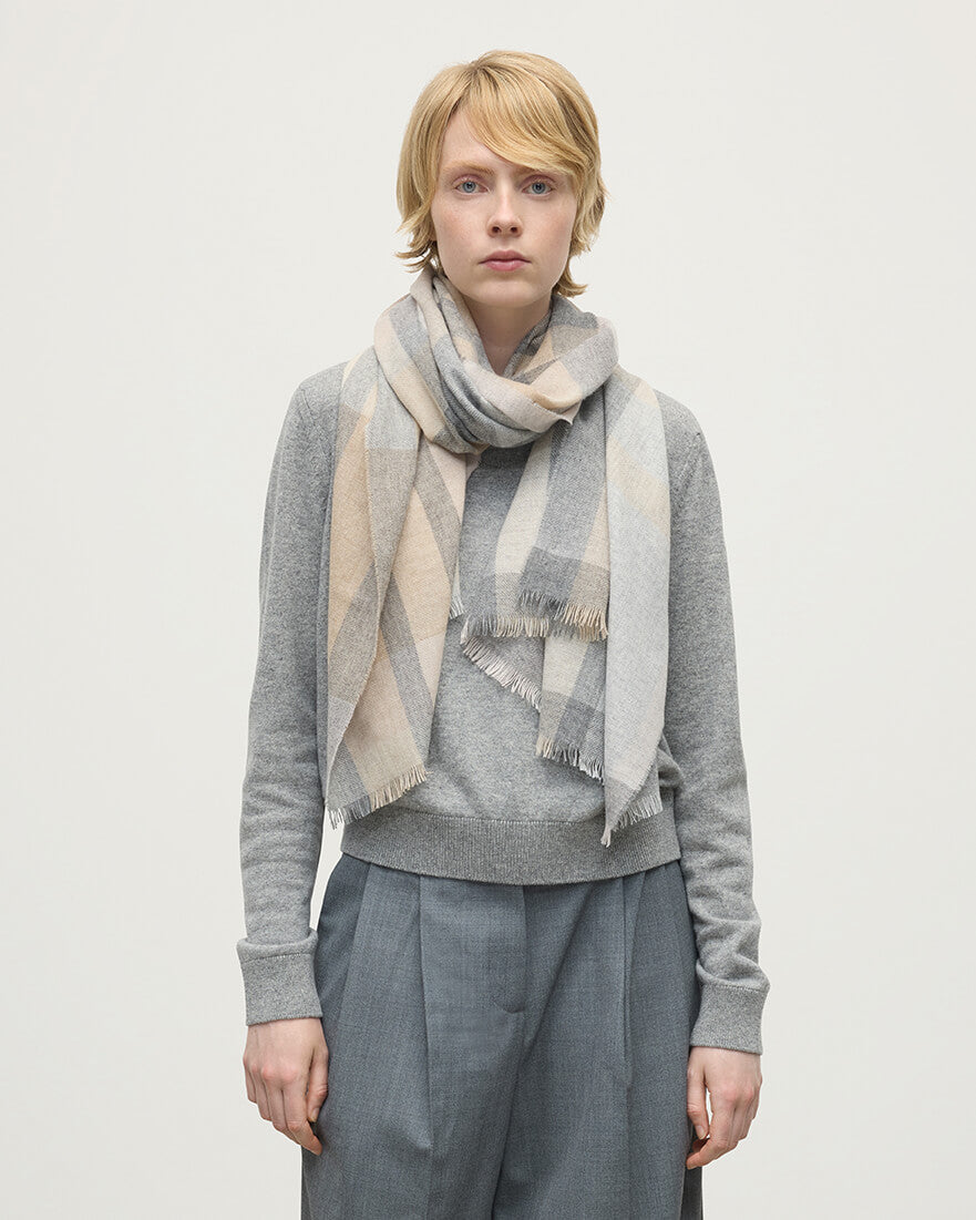 Men's Madras Check Scarf in Grey and Beige