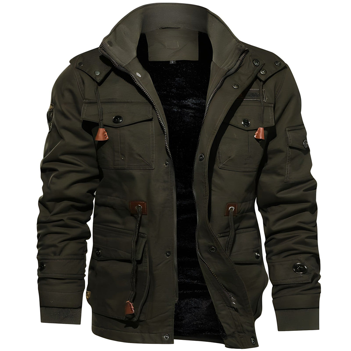 Men's Fleece Lined Multi-Pocket Utility Jacket with Hood