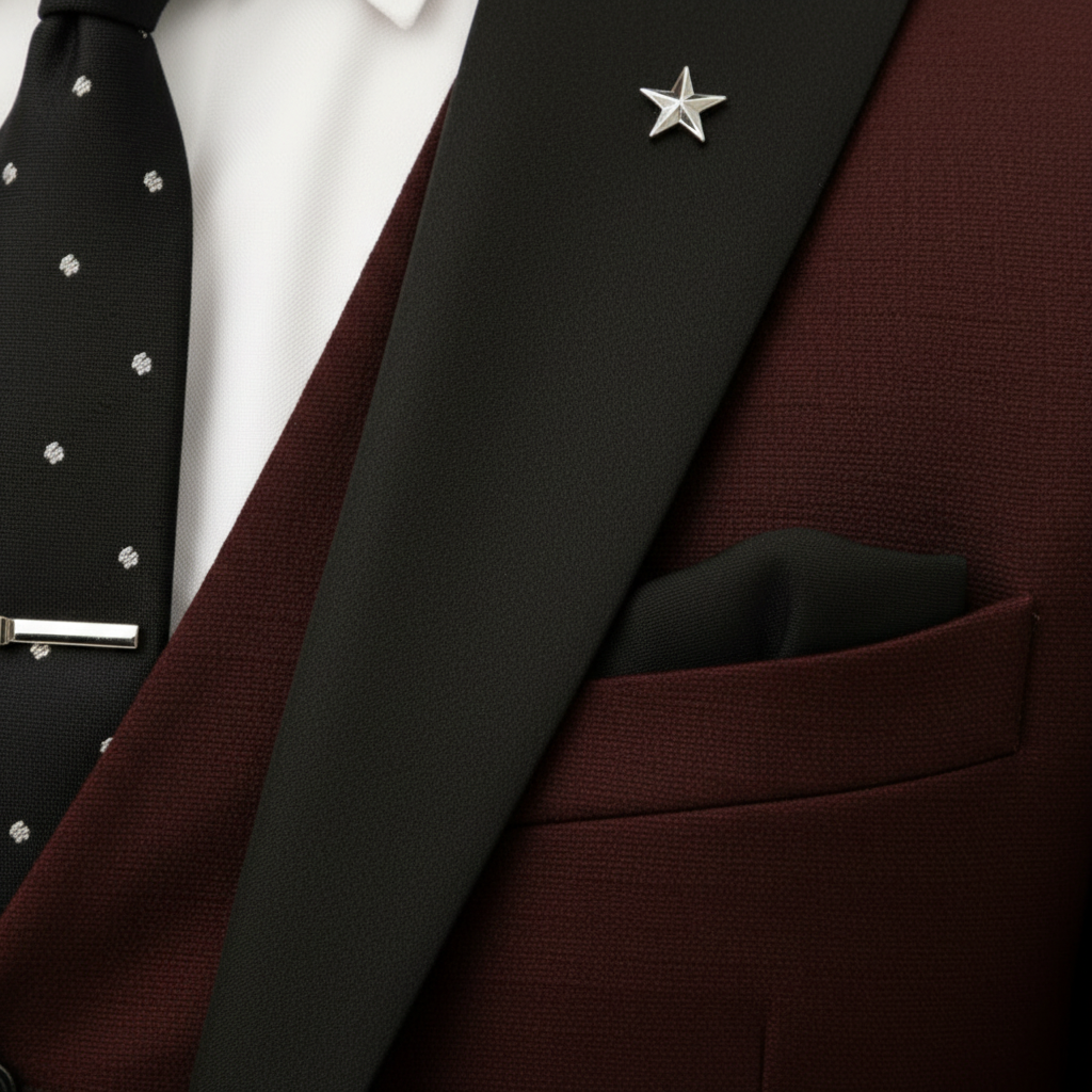 Men's Peak Lapel Three-Piece Christmas Party Suit in Burgundy