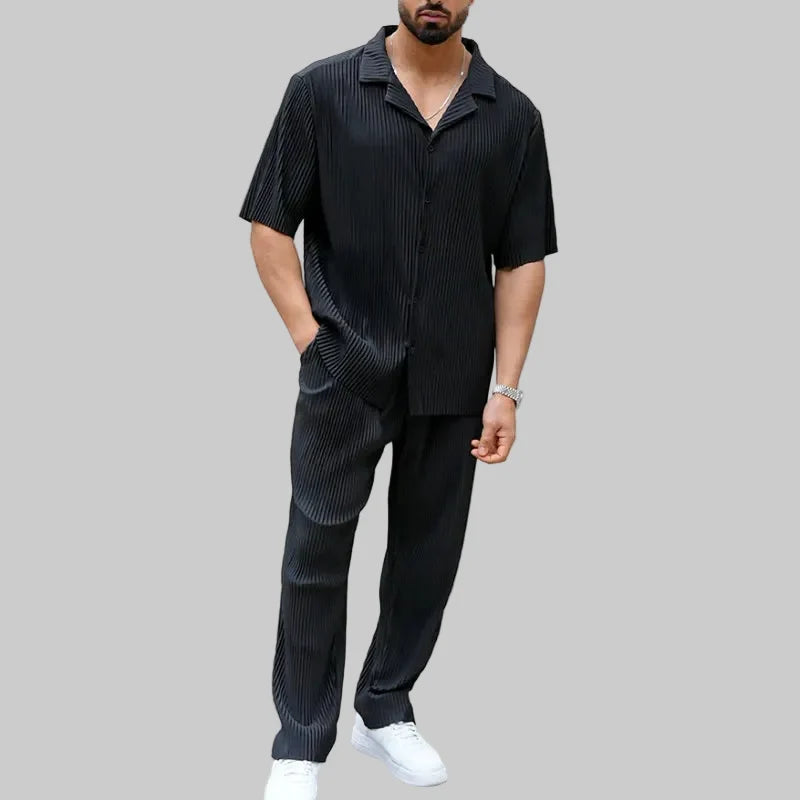 Men's Pleated Short Sleeve Shirt and Trousers Set