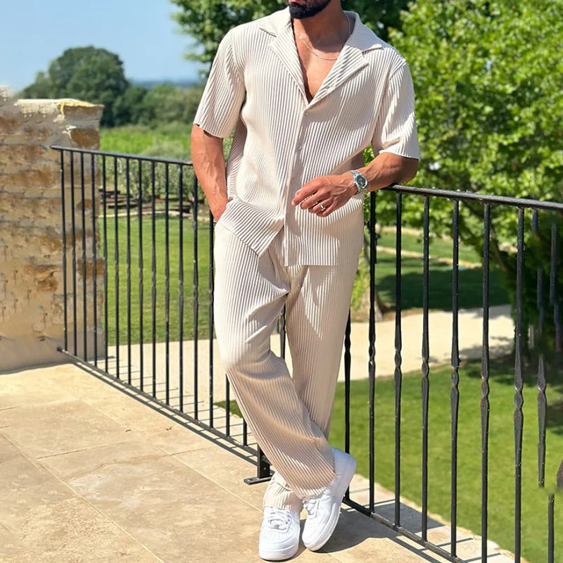 Men's Pleated Short Sleeve Shirt and Trousers Set