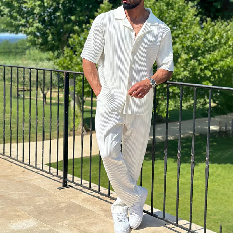 Men's Pleated Short Sleeve Shirt and Trousers Set
