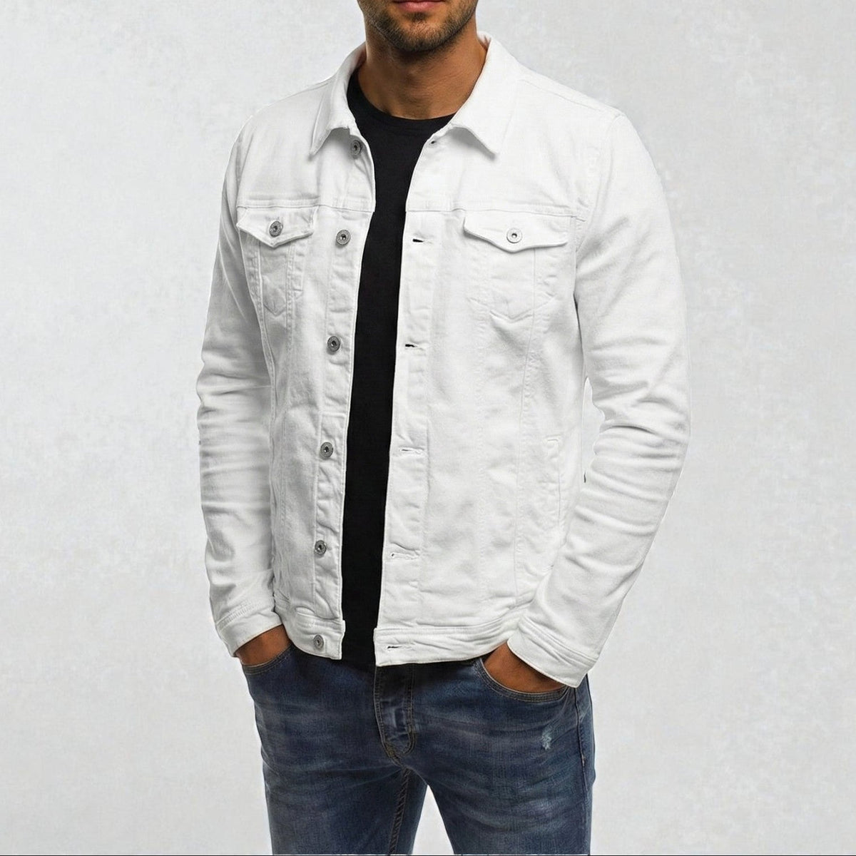 Men's Pointed Collar Button-Up Denim Trucker Jacket