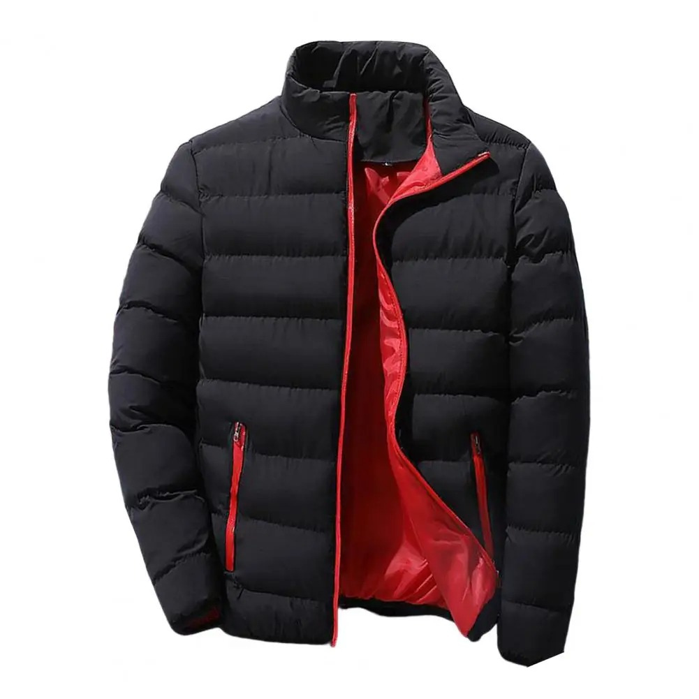Men's Quilted Stand Collar Puffer Jacket with Zip Pockets