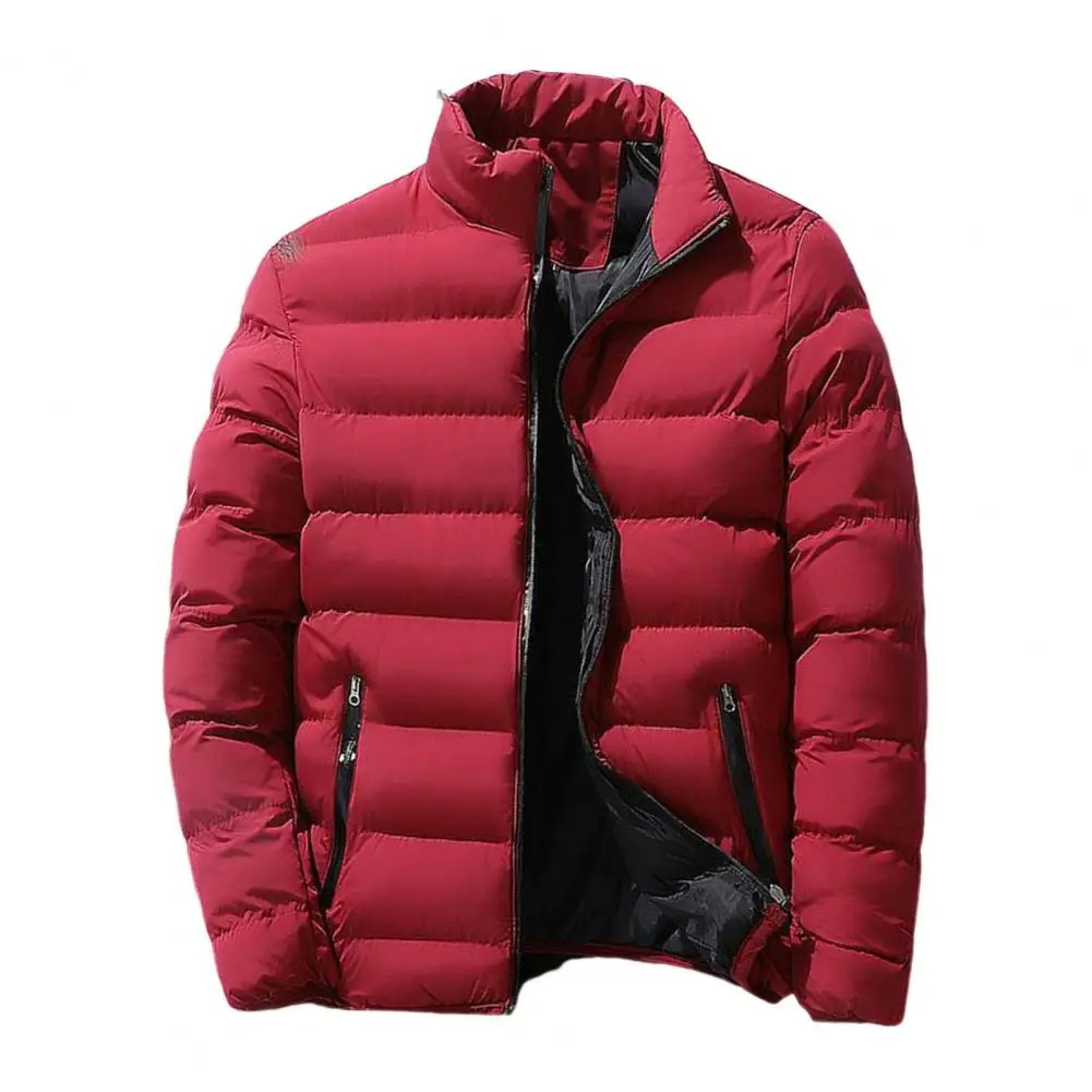 Men's Quilted Stand Collar Puffer Jacket with Zip Pockets