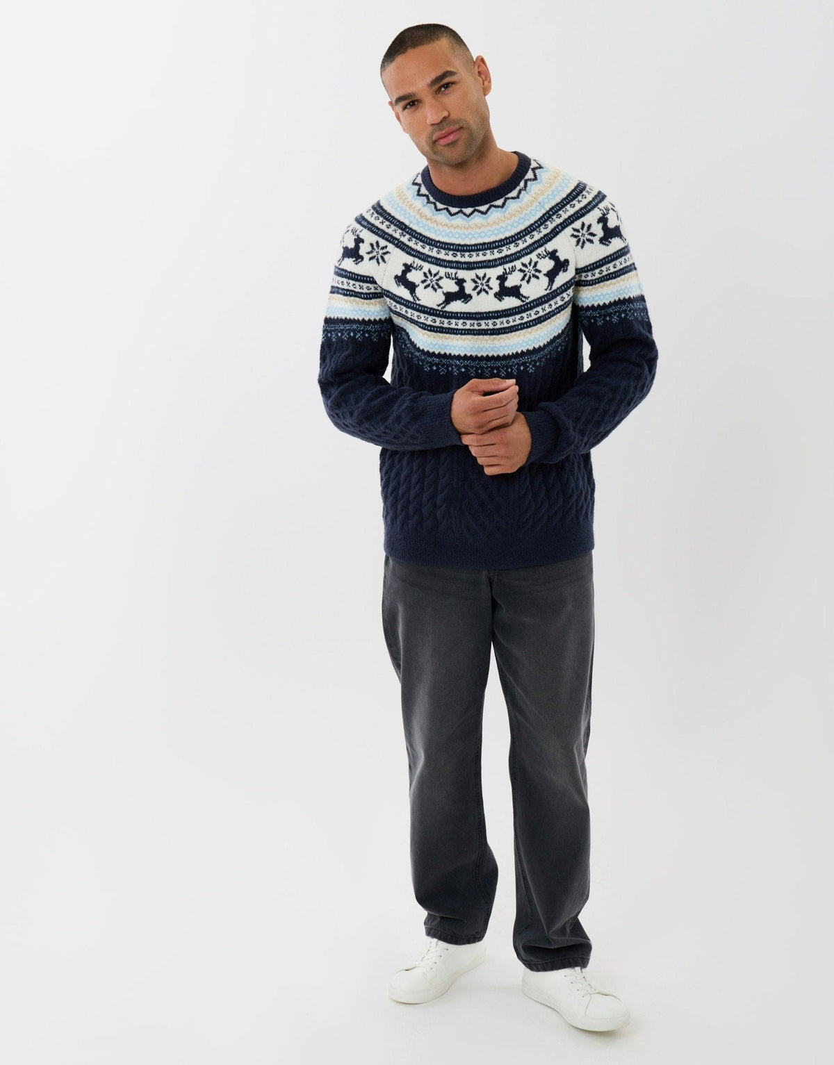Men's Christmas Jumper Fair Isle Reindeer Yoke Cable Knit in Navy