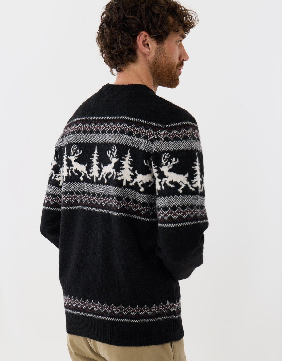 Men's Christmas Jumper Fair Isle Reindeer Forest Crew Neck
