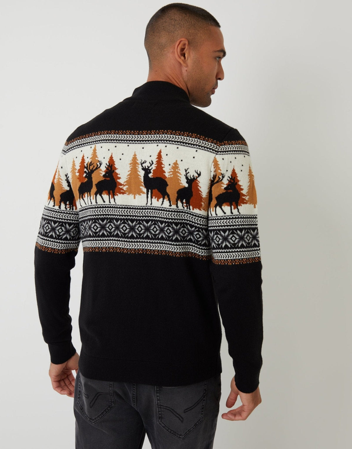Men's Christmas Jumper Fair Isle Reindeer Quarter Zip in Black