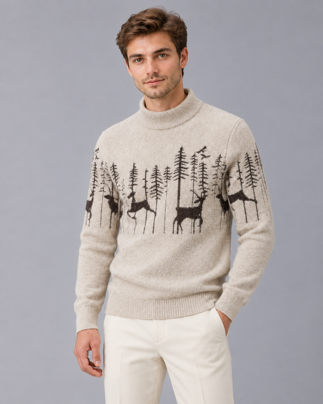 Men's Christmas Jumper Reindeer Forest Jacquard Mock Neck