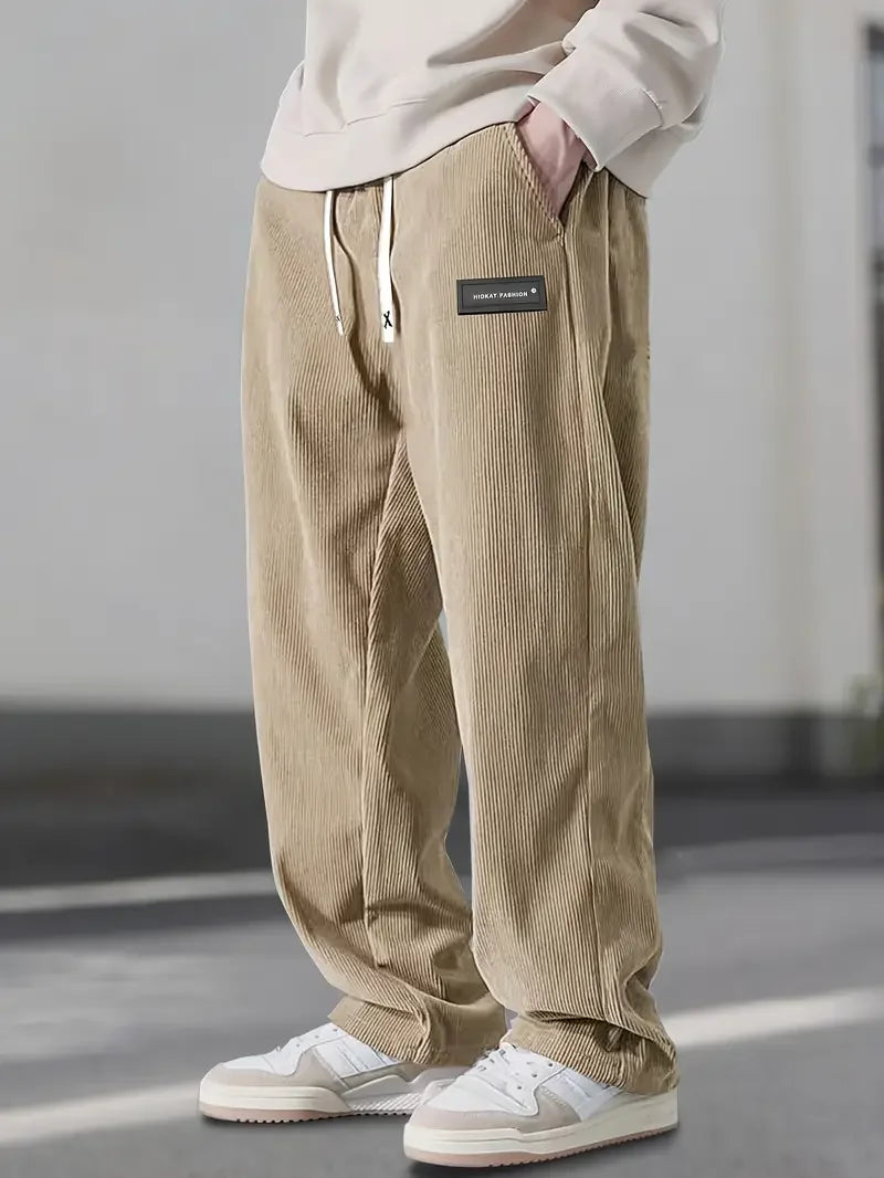 Men's Relaxed Fit Wide-Leg Drawstring Corduroy Trousers