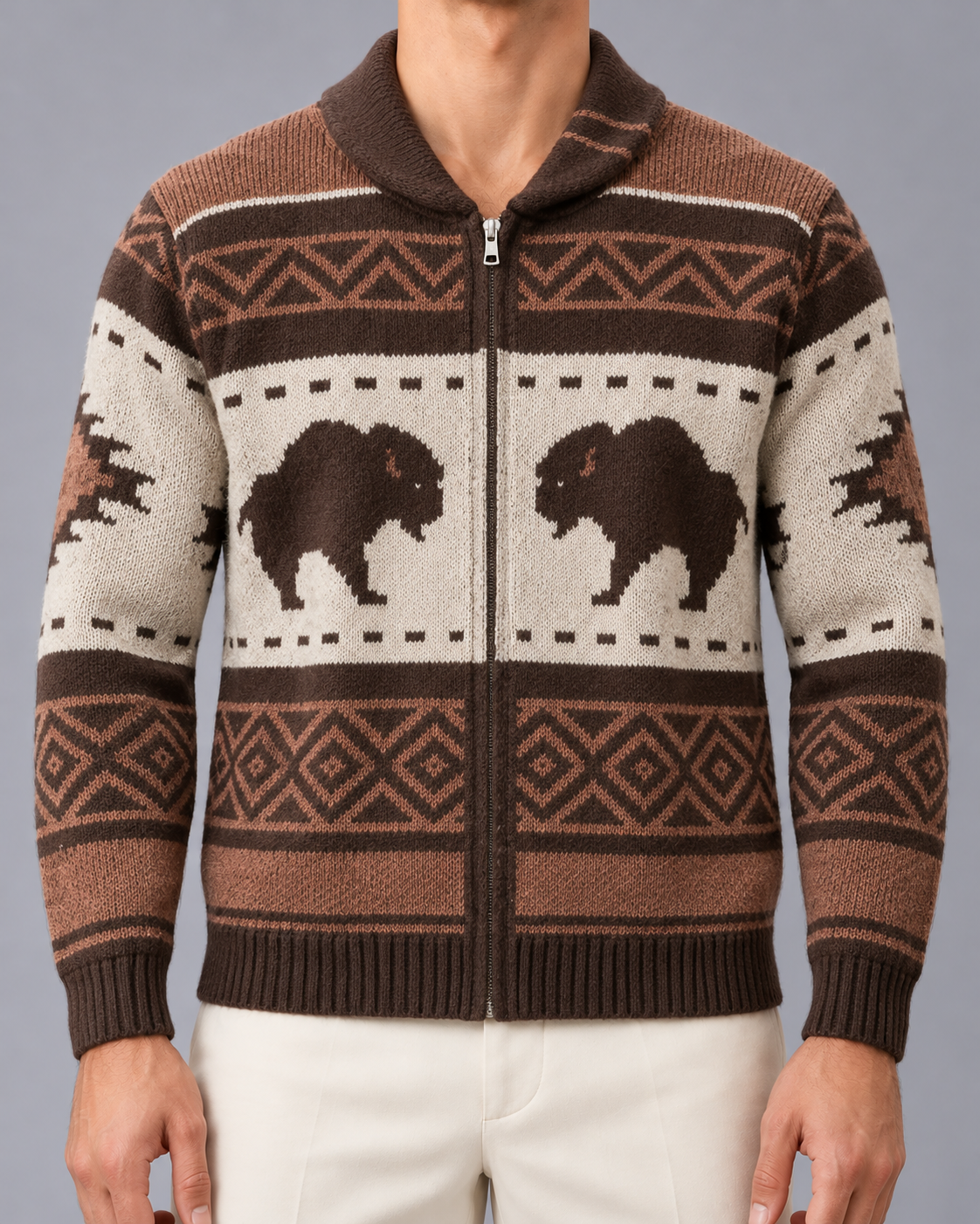 Men's Christmas Cardigan Buffalo Shawl Collar Zip in Brown