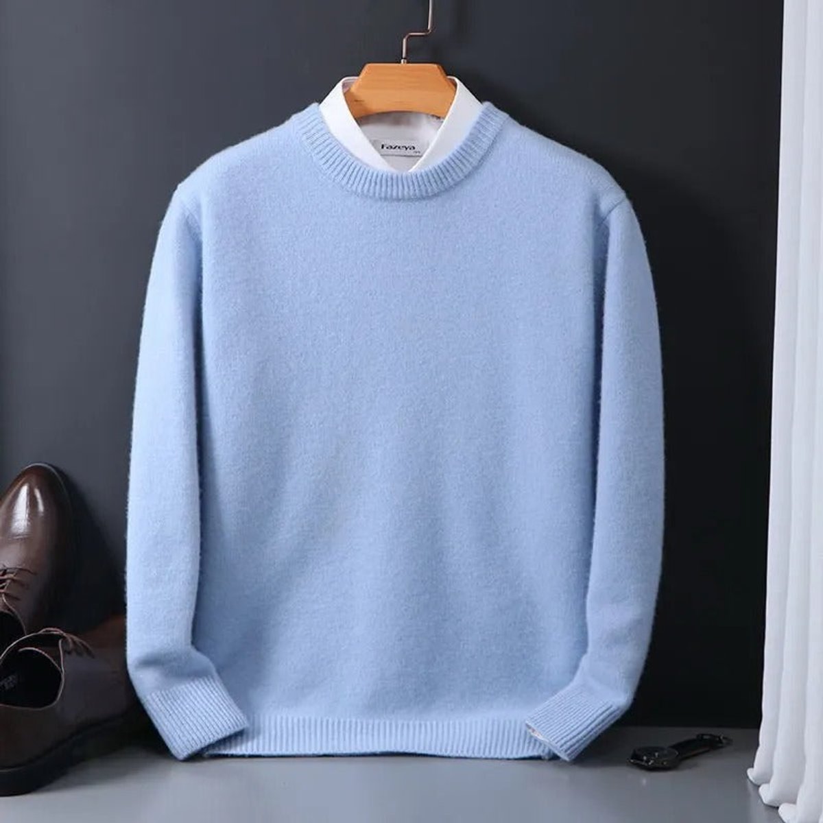 Men's Crew Neck Knitted Jumper in Light Blue