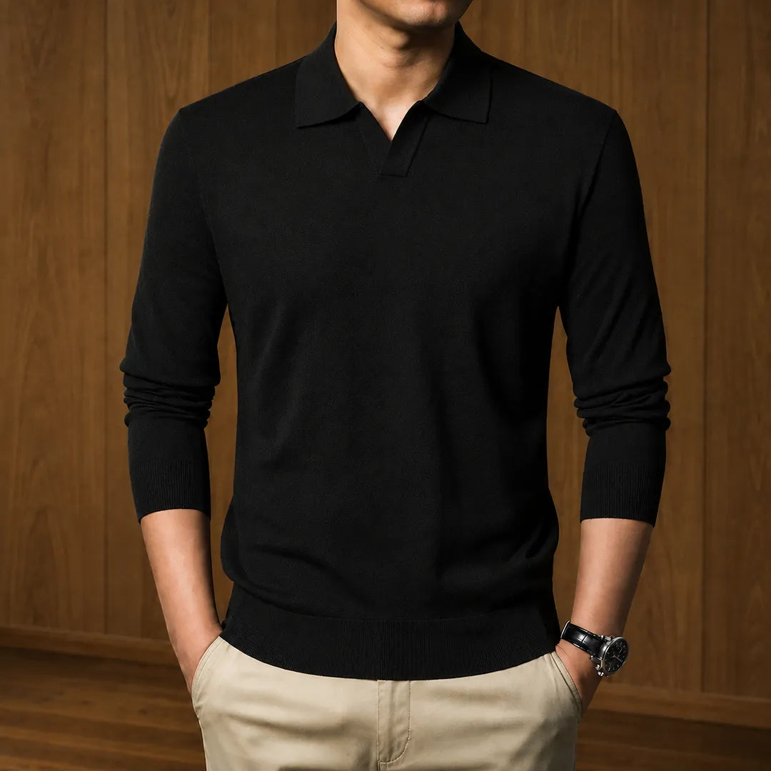 Men's Ribbed Knit Open Collar Polo Jumper